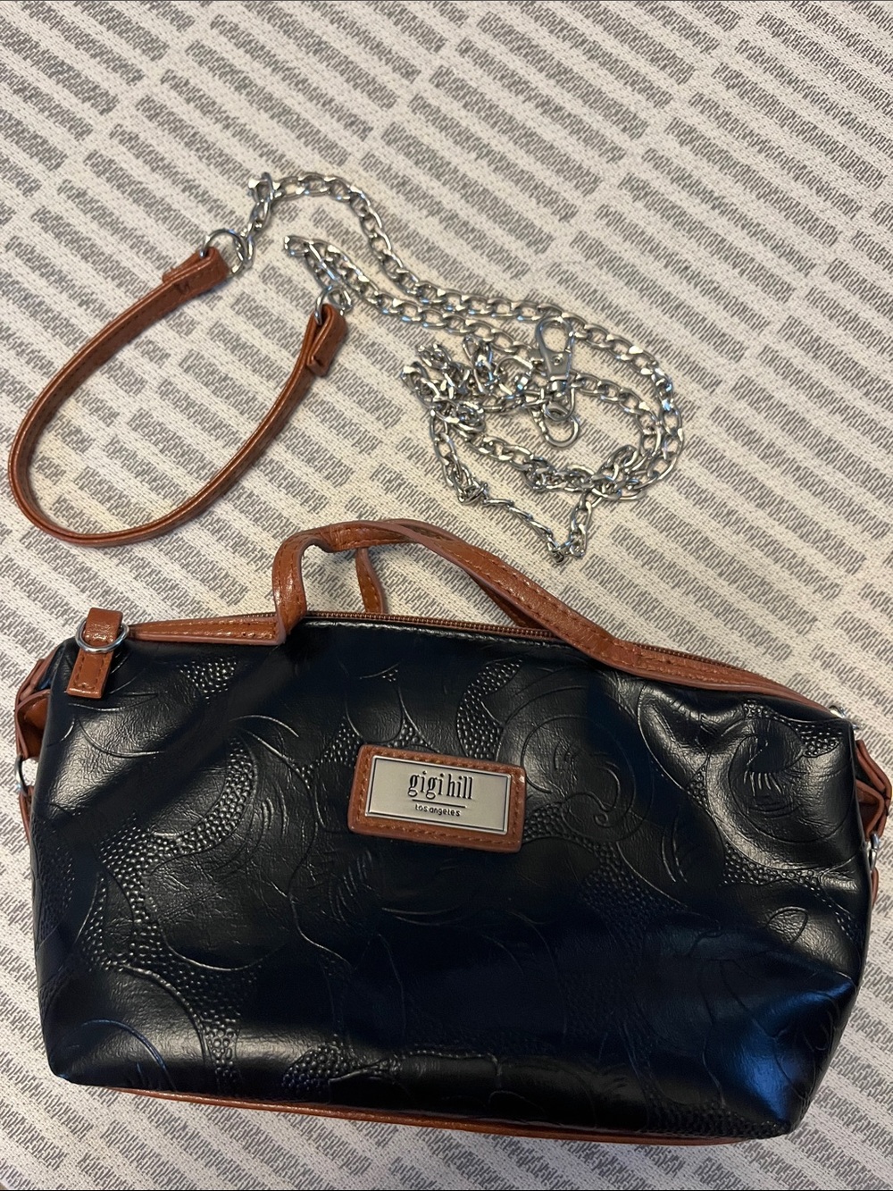 Gigi Hill Black Leather Shoulder Bag with Brown Trim and Chain Strap